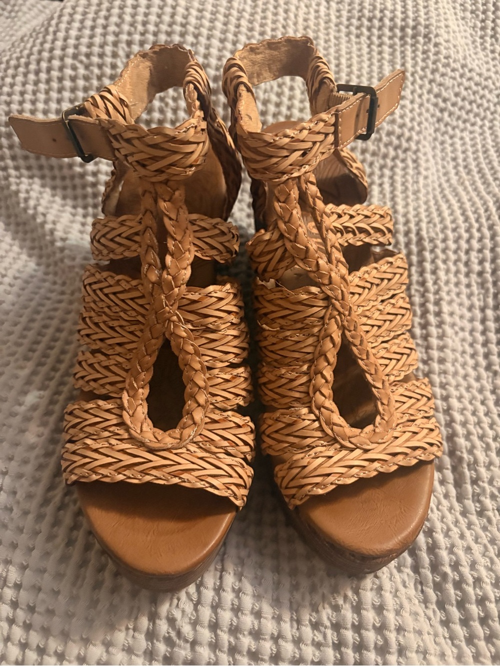 Blowfish Braided Tan Wedge Sandal with Ankle Buckle